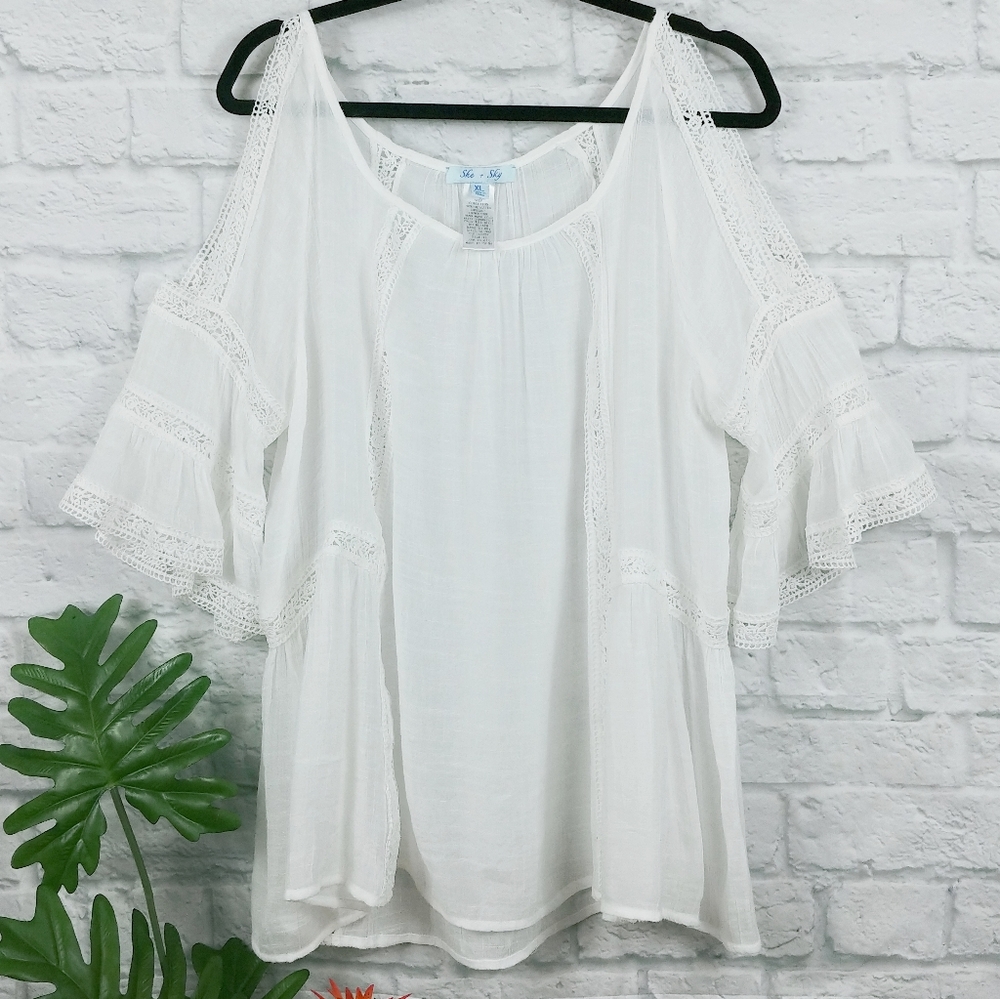SHE + SKY Boho Flowy Tunic Blouse White Size XL